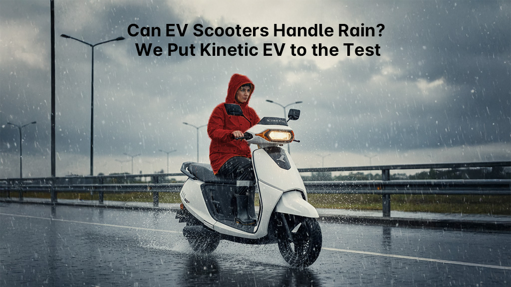 Kinetic electric scooter EV tested during heavy rain conditions in India