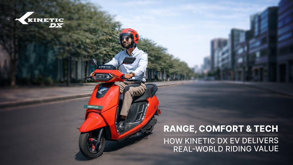 Man riding Kinetic DX EV electric scooter during daily city commute in India