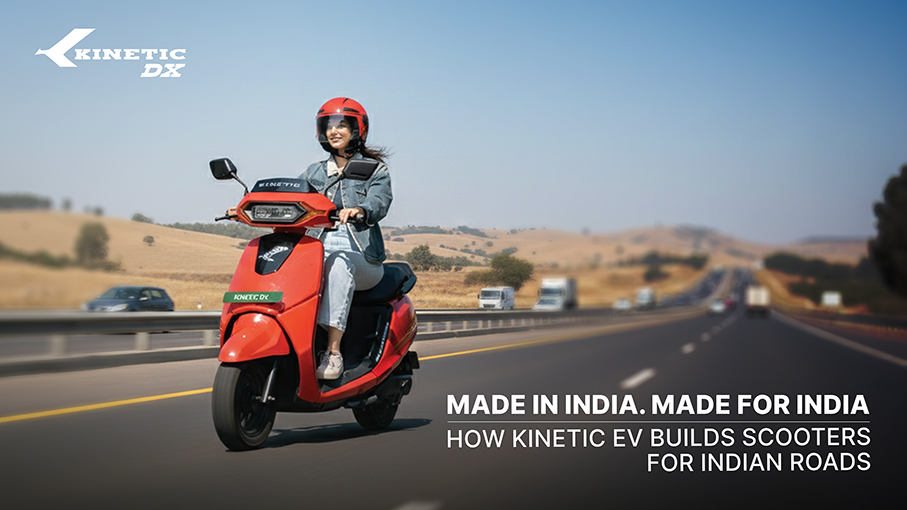 Kinetic DX EV electric scooter being ridden on an Indian highway, built for Indian road conditions