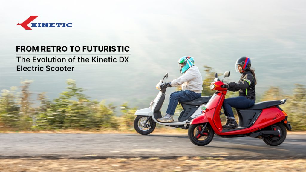 Kinetic DX electric scooters riding on road showing retro to futuristic design evolution