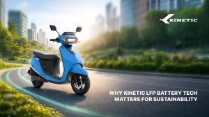 Kinetic electric scooter with LFP battery technology in city highlighting sustainable mobility