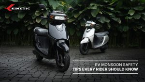 Kinetic electric scooter rider following EV monsoon safety tips