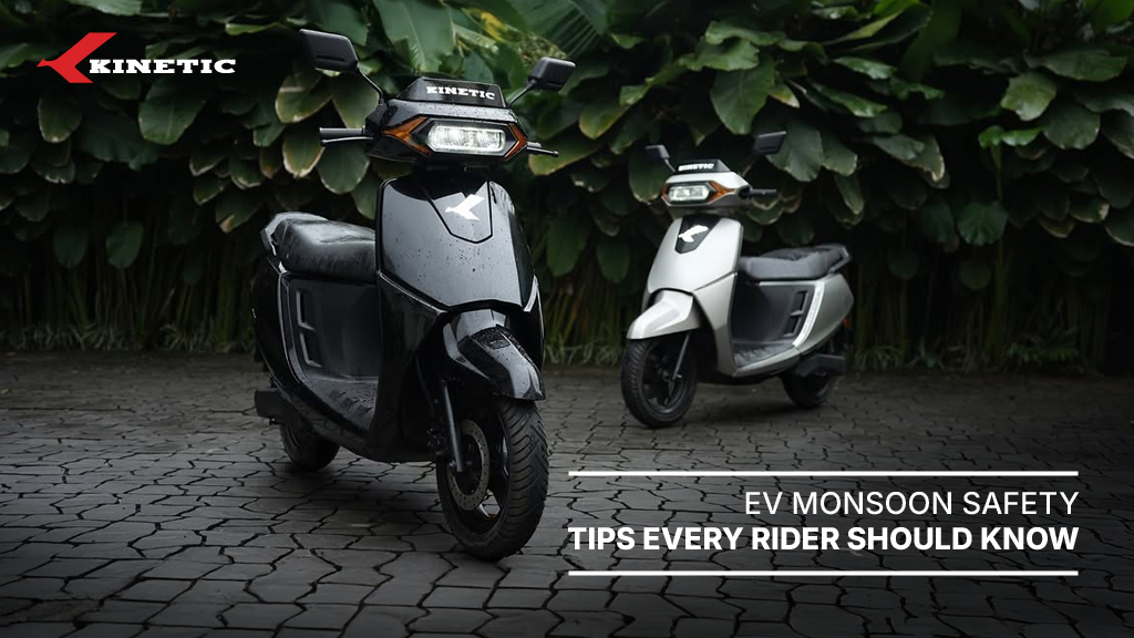 Kinetic electric scooter rider following EV monsoon safety tips